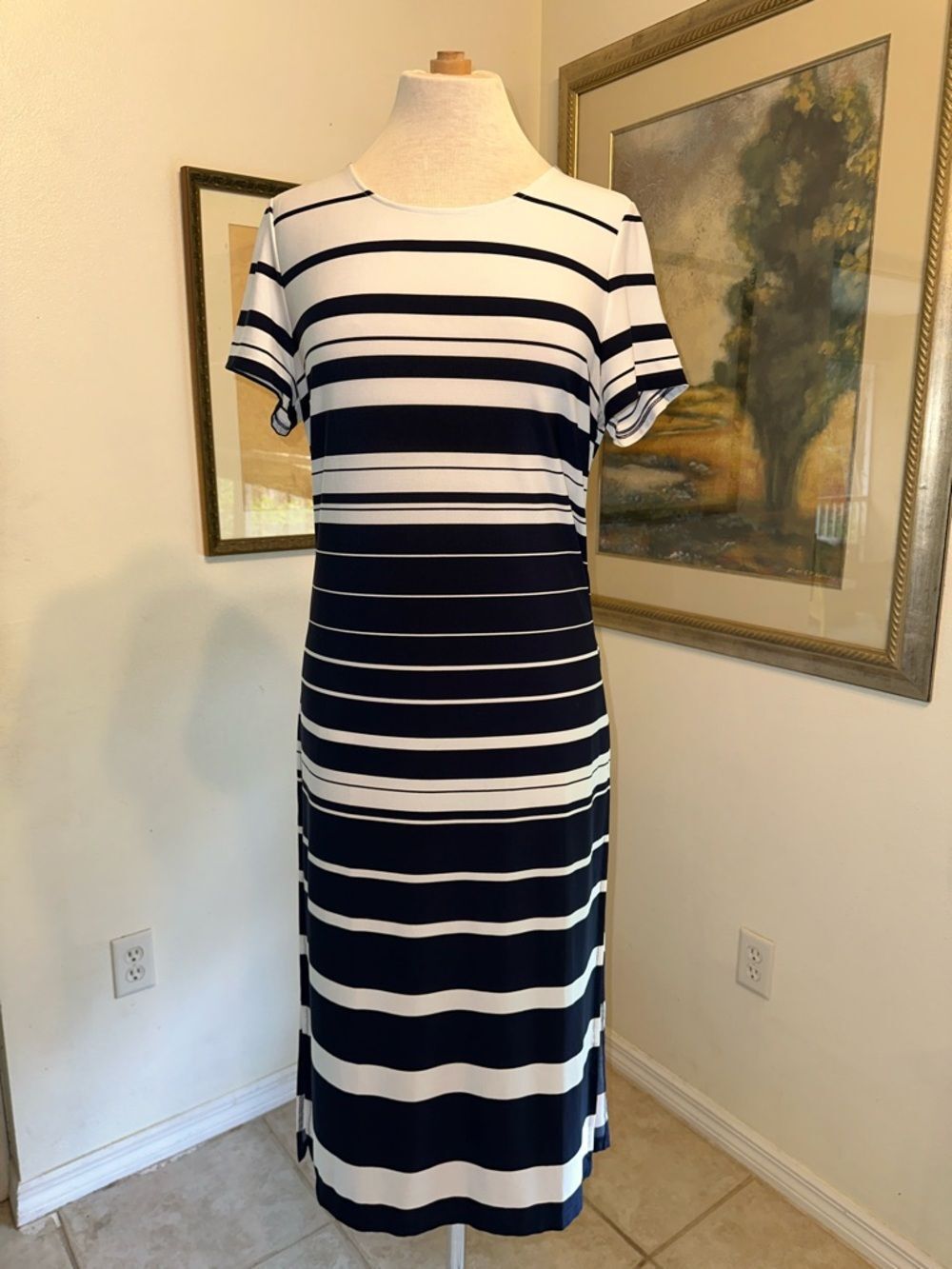 Chico’s Navy/White Striped Short-Sleeve Dress w/ Side Slits Size 1=8/10
